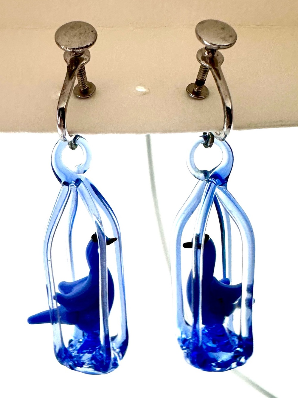 Vintage Hand Blown Glass Bird in Cage Screw Back Earrings Blue